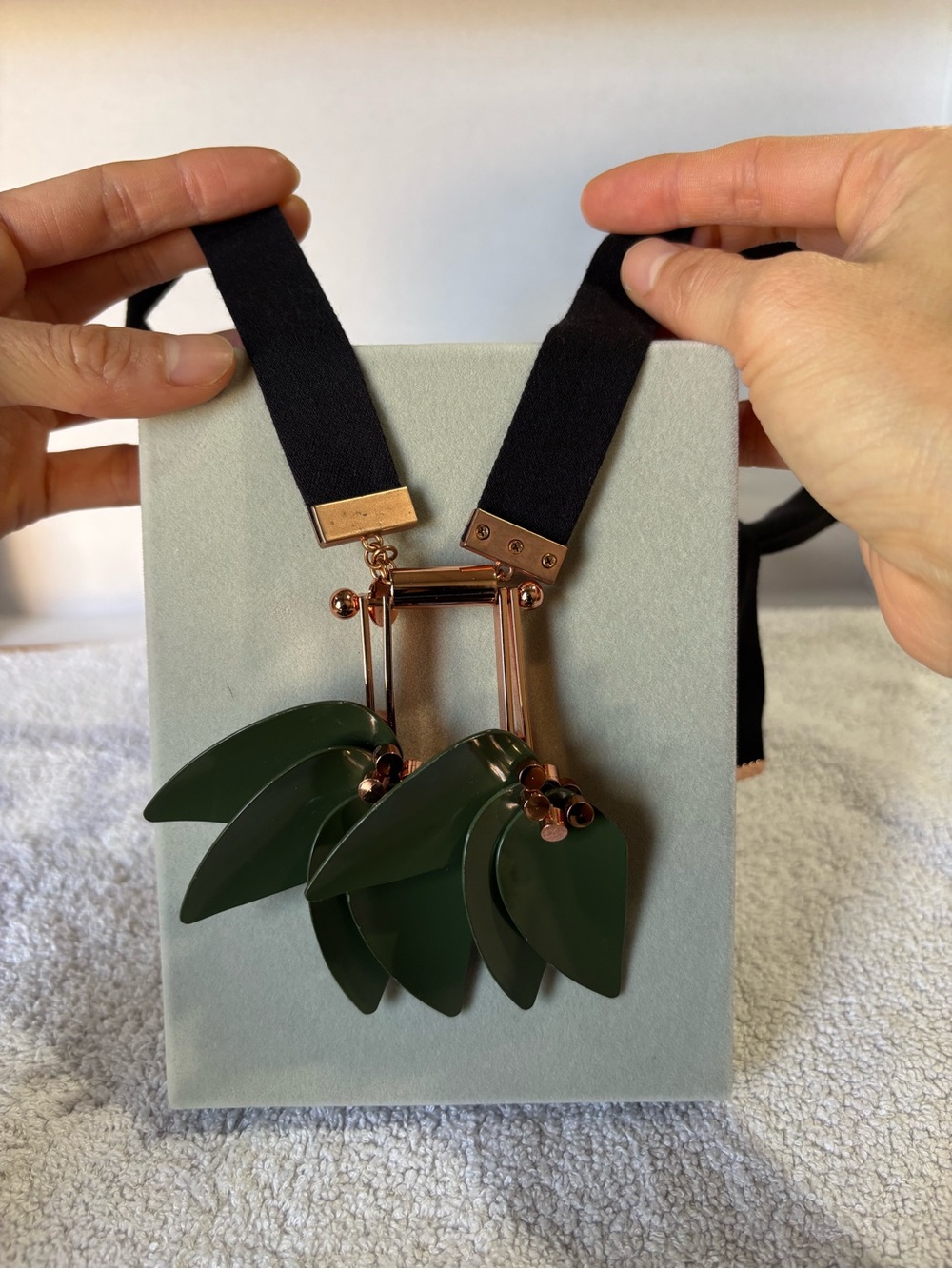 Statement Green Leaf Drop Necklace with Black Ribbon